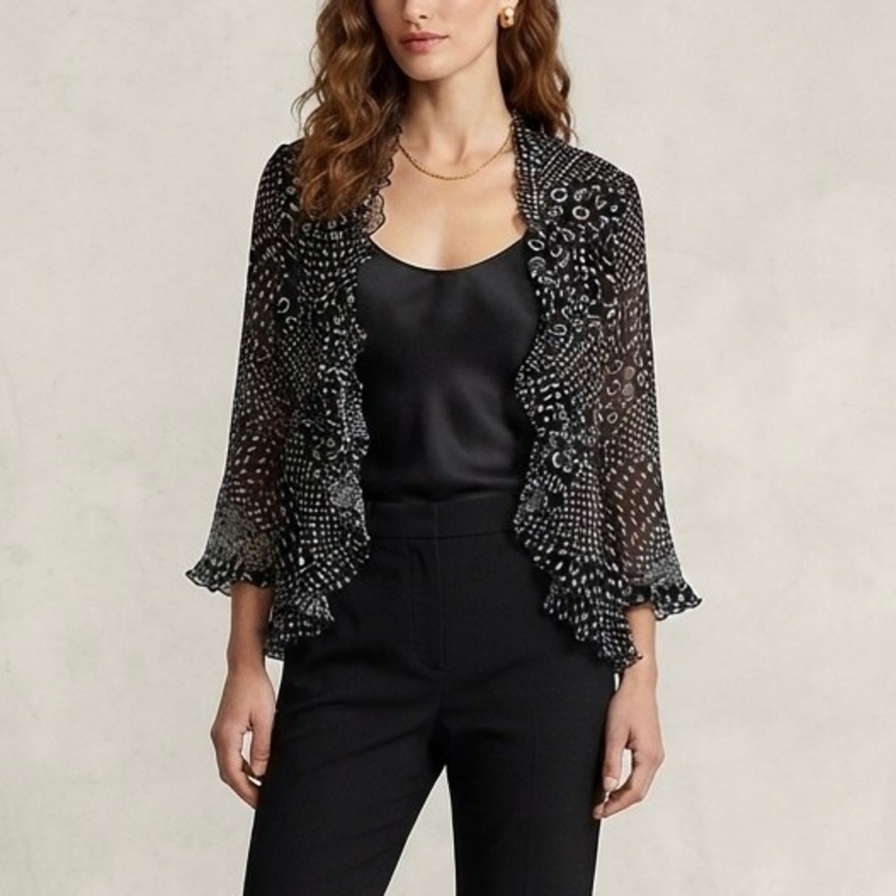 Notations Womens XL Black White Geometric Mesh Ruffle Open Front Cardigan Top